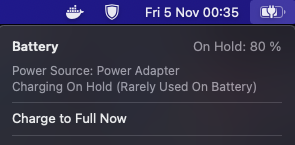 robertoestivill's tweet photo. OS Monterrey stops charging your laptop at 80% when detects you mostly use it plugged in.

You manually have to select "Charge to full now" if you want a 100% charge. 

Any ideas where this is coming from? https://t.co/21Eyez2C9i