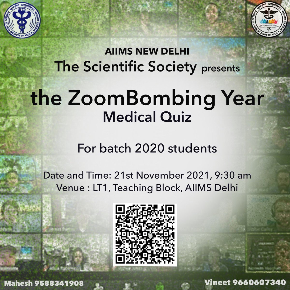 The MedQuiz Soc, AIIMS Delhi presents The ZoomBombing,a Quiz to hijack your minds with unique questions.
🔸 QUIZ MAP:
1. Two rounds- Prelims and Mains.
2. Lone wolves or teams of 2
🔸 Eligibility:
1. All team members should be from 2020 batch.
2. Medical Colleges from Delhi-NCR