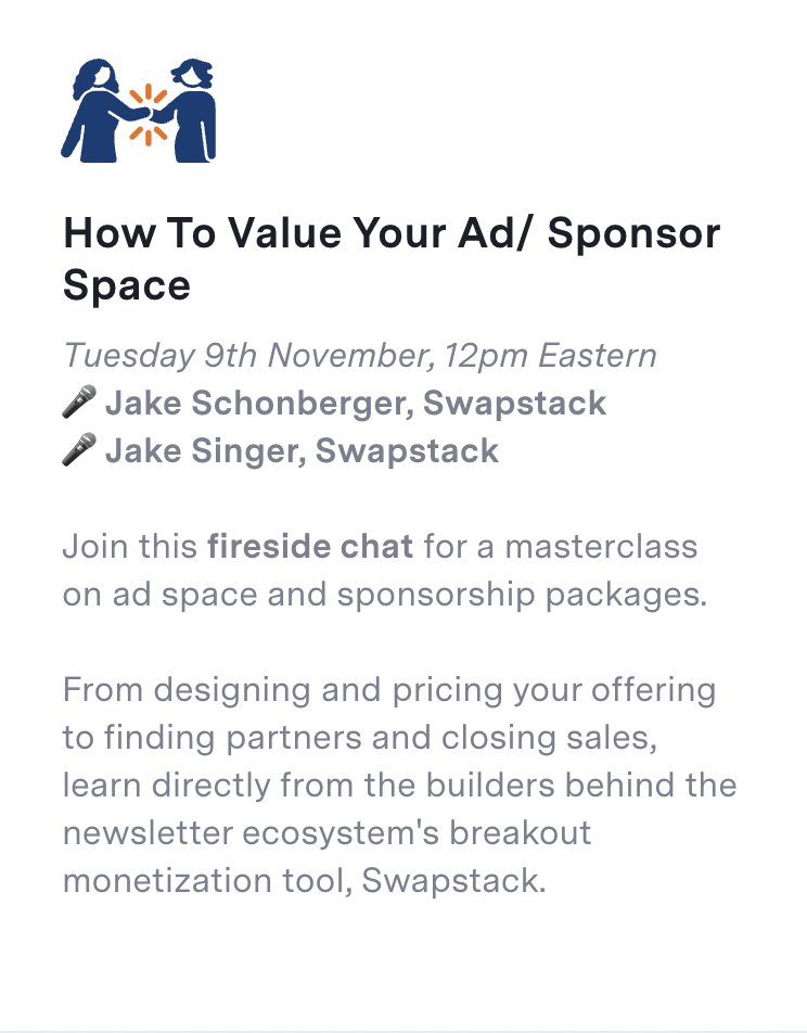 newslettercrew's tweet image. Meet The Jakes of @SwapstackHQ: @SchonbergerJake @jakesing_!
They&apos;re speaking at #BeyondWriting on Tuesday: newslettercrew.com/bootcamp

On the agenda...👇