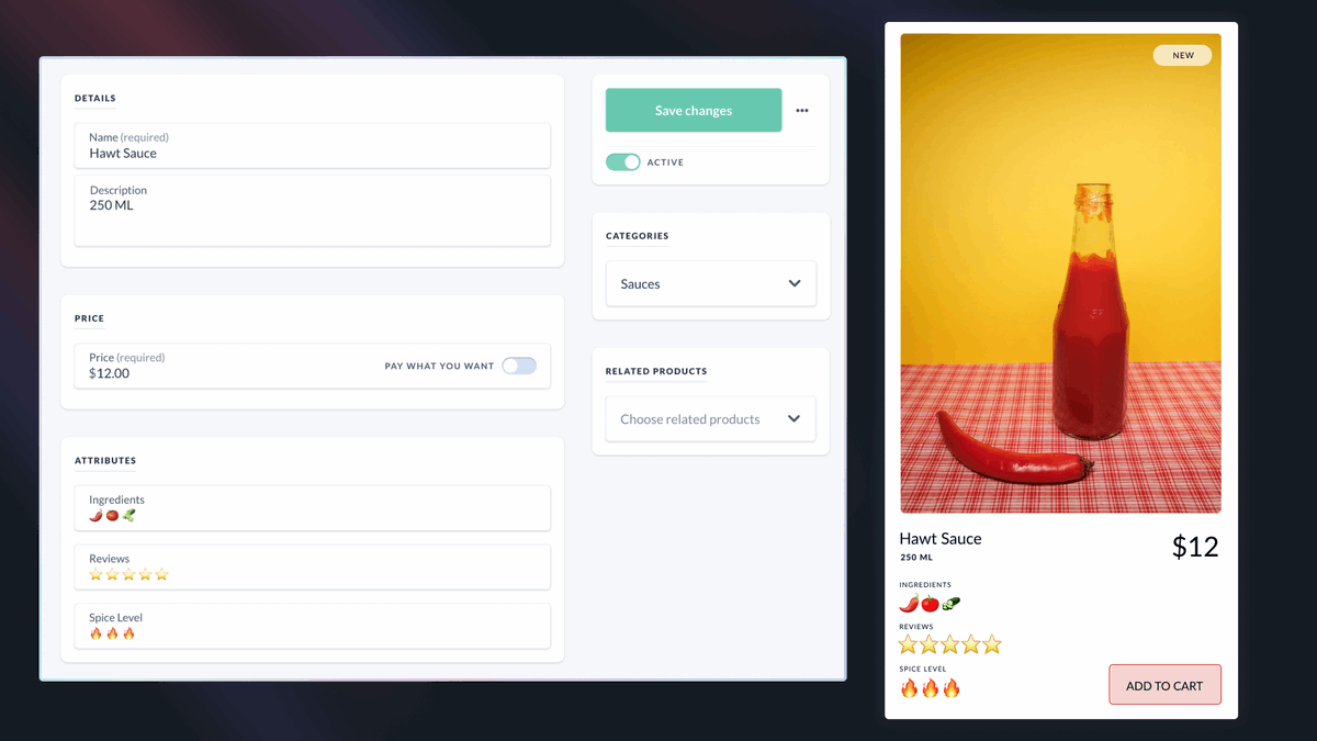 You can now add custom attributes to your products from both the dashboard and API!

Store any type of data (or emoji) against your products.

This allows complex product modelling and richer product display pages, all without relying on a headless CMS.

commercejs.com/blog/data-mode…