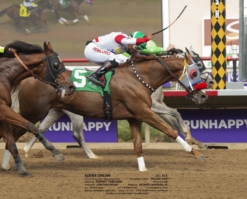 JAWongRacing's tweet photo. Aden’s Dream scores a game wire to wire victory today @DelMarRacing. Congratulations &amp; thank you to his owners @jtaboada12 @marcel_taboada &amp; @RenzoTaboada3 &amp; @RSantana_Jr for the amazing ride @MJVETWong @FLAIRstrips @RubenMunozM 🇵🇪 🏇 😇🙏 https://t.co/irvbwljBlQ