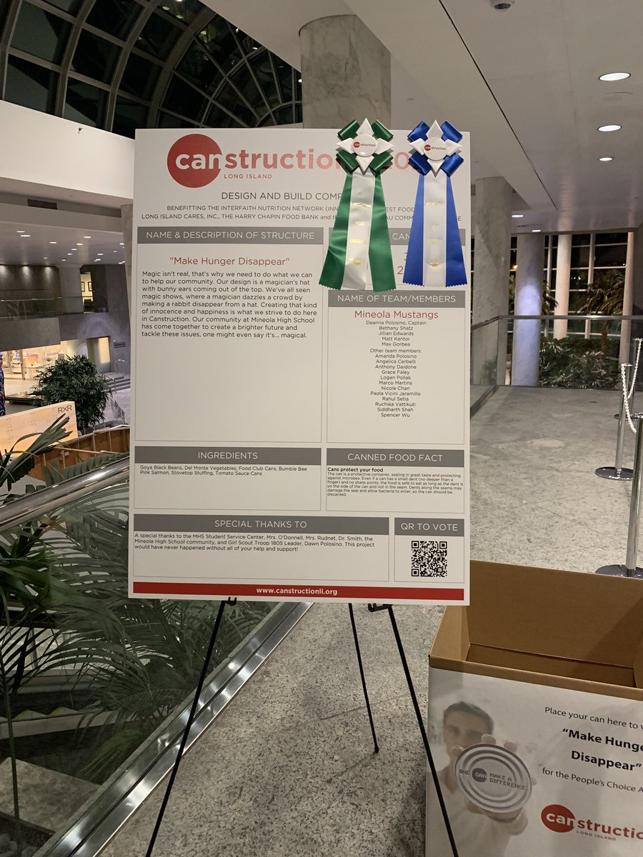 Finally got a chance to see the <a href="/Canstruction/">Canstruction Global Headquarters</a> display at RXR Plaza! Great job by Deanna and her team under the direction of <a href="/MsEdwards_/">Ms. Edwards</a> 

Winner of two awards 🥇 Most CANtastic (Best Meal) &amp; Best CANcept (Best Use Of Labels)

Vote for them👇
canstructionli.org/event/peoples_…

#MineolaProud