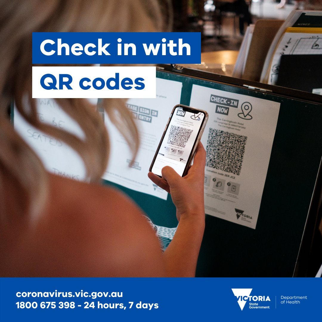 VicGovDH's tweet photo. If you enter a business or workplace, you should check in using the Service Victoria app, regardless of the duration of your visit. https://t.co/tWXFYnaQ4P