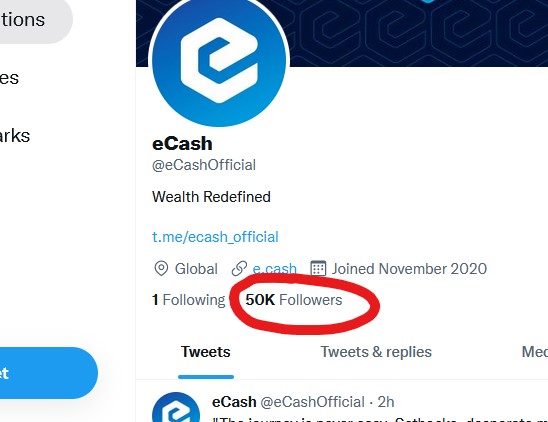 eCash's tweet photo. We just passed 50,000 Twitter followers! 🚀🚀🚀 

Thanks #eCashArmy, your hard work is paying off! 💪 

#eCash #XEC $XEC https://t.co/L7ctfZAd7S