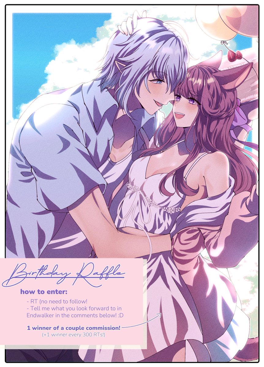 🌸BIRTHDAY RAFFLE🌸

how to enter:
- RT (follow not needed but appreciated!)
- Tell me what you look forward to in Endwalker in the comments below! :D
- Ends November 15, 2021!

winner gets 1 halfbody couple commission like below!

Thank you for the support this year! 🥳