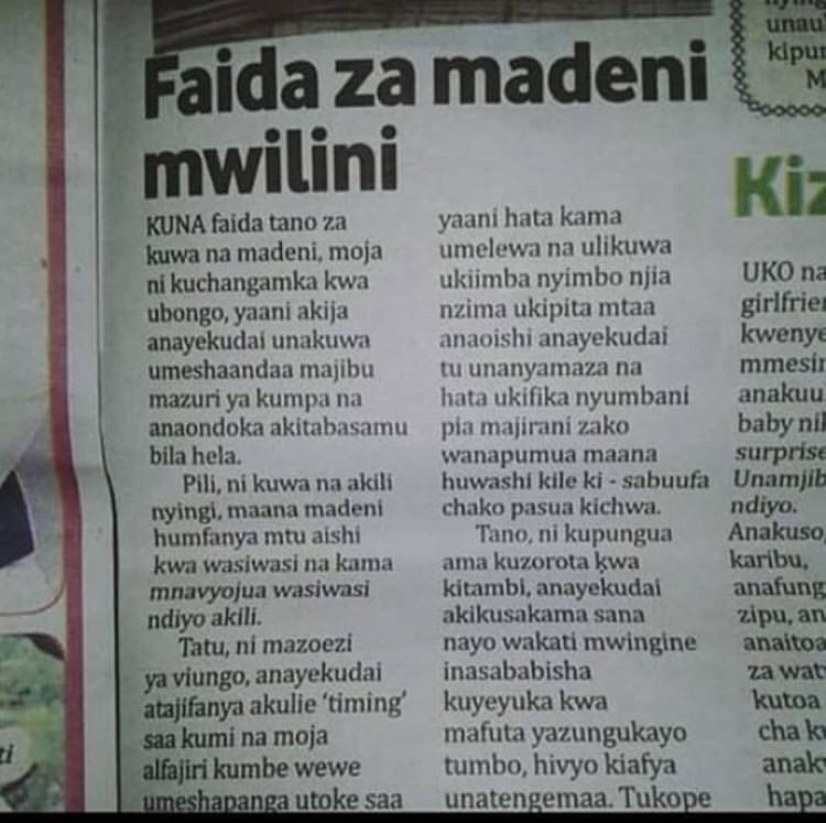 bro__jk's tweet photo. Faida 5 za madeni mwilini. (Mwenye ako na ya nne, aongezee) 😂 https://t.co/SRS7JNhe4m