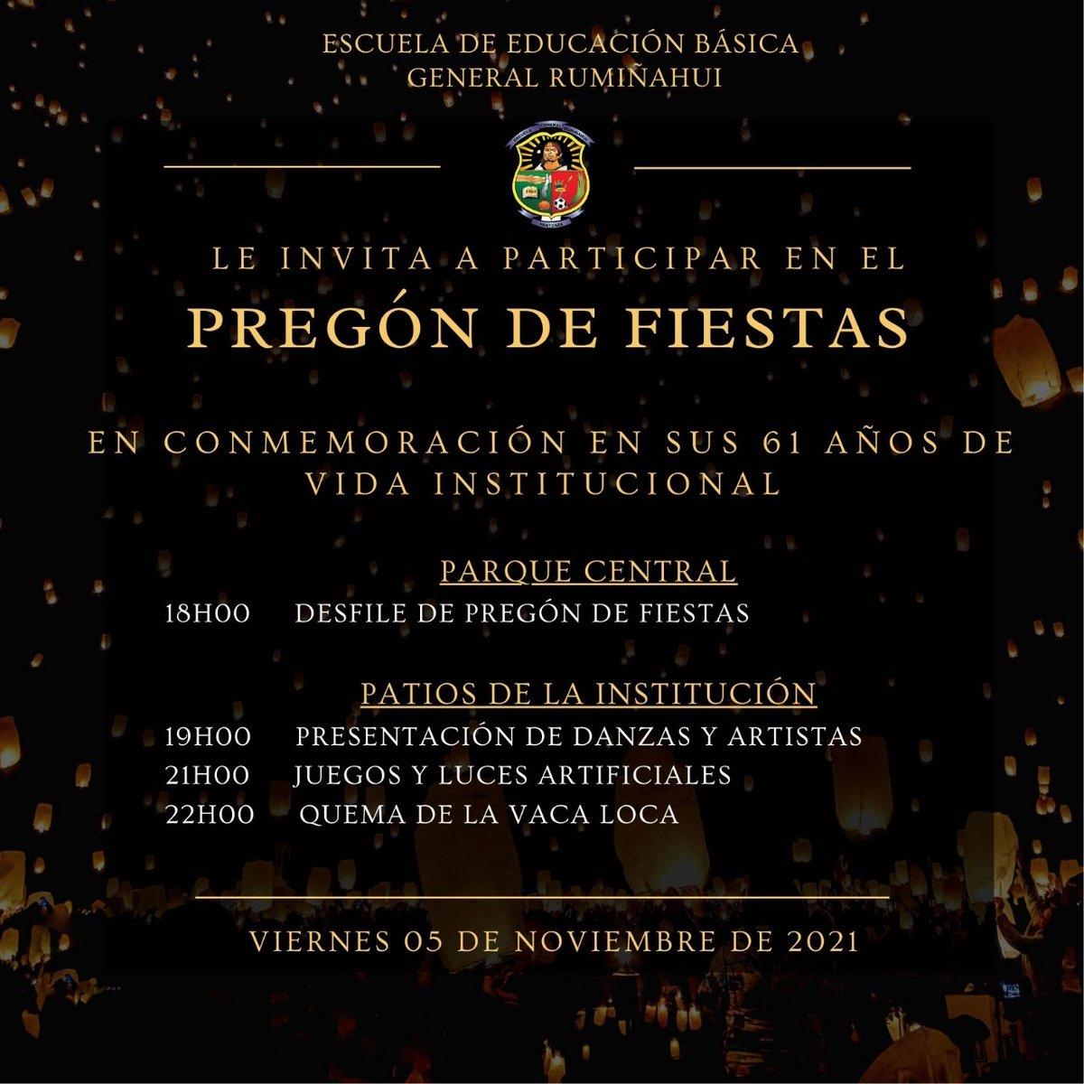 GRuminahui's tweet photo. La Escuela de Educación Básica General Rumiñahui, en conmemoración de su aniversario de 61 años de vida institucional, invita a la ciudadanía en general, a participar de las actividades institucionales.

#61AñosGeneralRumiñahui https://t.co/XHcH1pRbhC