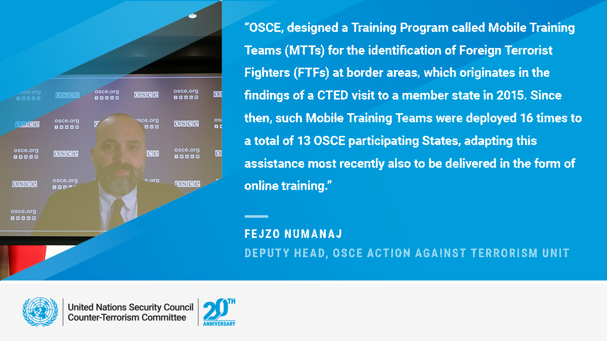 UN_CTED's tweet photo. While @UN_CTED analyses trends &amp; assesses needs in the implementation of CT commitments, the @OSCE provides tailored technical assistance based on these assessments to its participating States, explained Fejzo Numanaj, Deputy Head of the OSCE Action against Terrorism Unit. #CTC20 https://t.co/DC73sgLix5