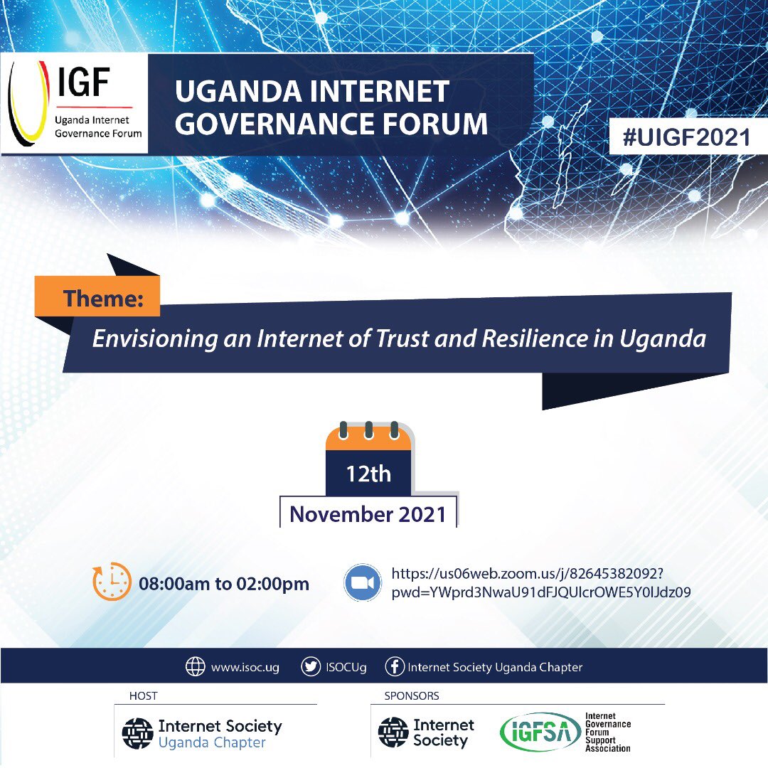 AbwooliFruity's tweet photo. This year’s #UIGF will be discussed under the theme: "Envisioning an Internet of Trust and Resilience in Uganda." Cc @ISOC_Community #2ndEdition #UYIGF2021 https://t.co/5EiF5RAvLx