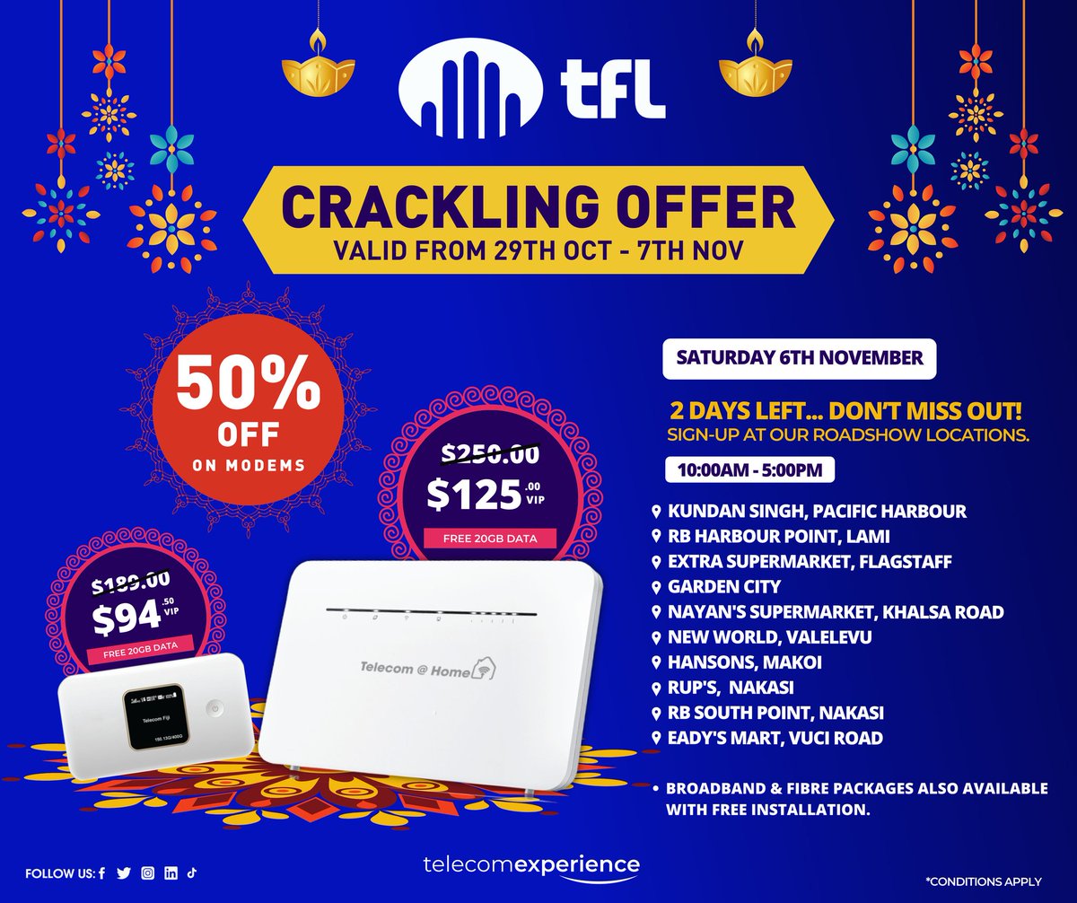 TelecomFJ's tweet photo. TELECOM ROADSHOW CONTINUES THIS SATURDAY!
VISIT THE TELECOM ROADSHOW TEAM AND SIGN UP WITH OUR CRACKLING OFFER DIWALI SPECIAL ๐
Available for postpaid and prepaid plans https://t.co/FvvH2jtWkD
#Roadshow2021 #TelecomFiji #TelecomExperience #TheWorldAtYourFingertips #TeamFiji https://t.co/2vrIQy8GX5