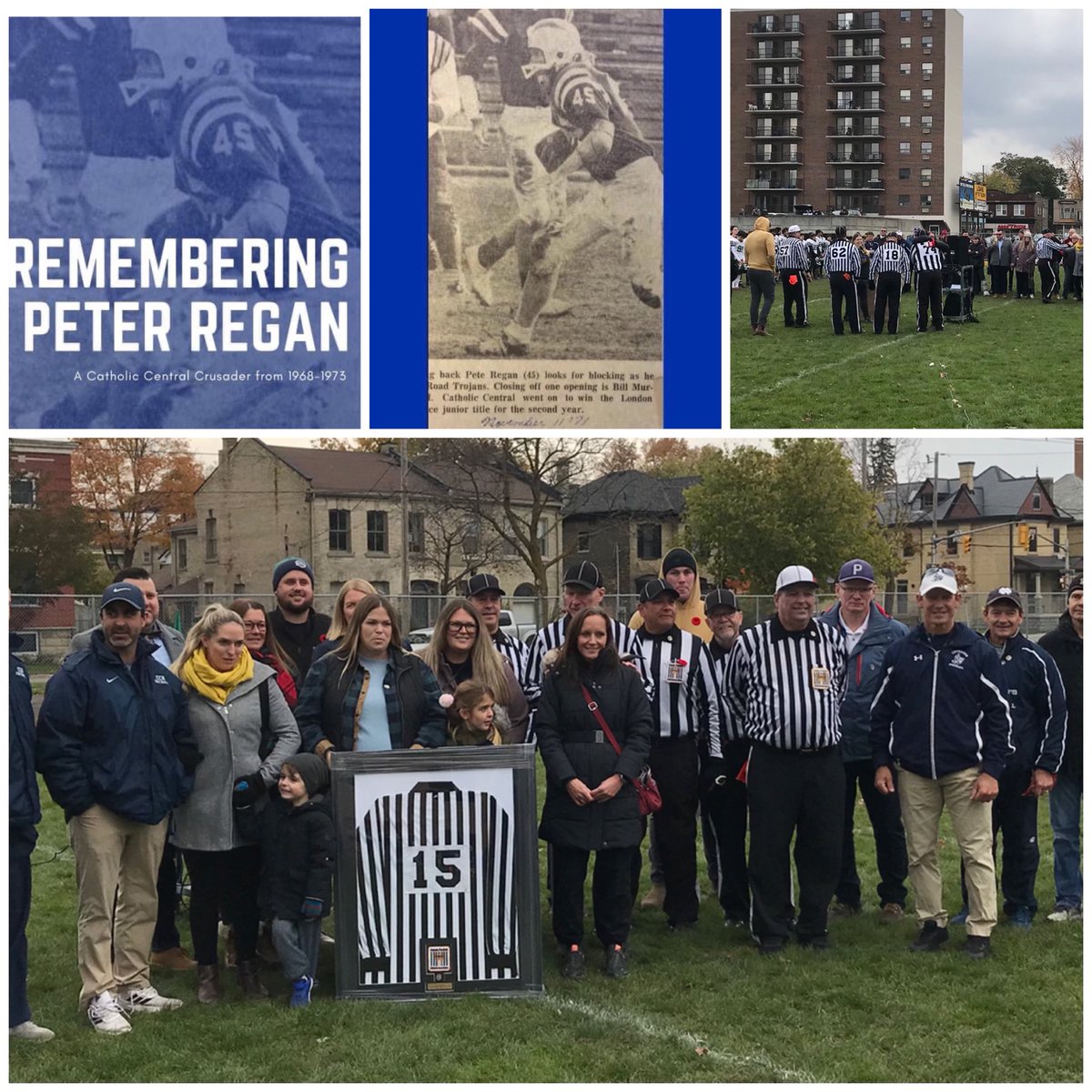 PlamoureuxPaul's tweet photo. Today CCH honoured the late Peter Regan (Class of 73’) at our Senior Boys’ Football game against MTS. Pete was recognized by the London Football Referees’ Association and his fellow officials for his 40 years of dedication and service. 
⁦@crusaderBLUE⁩ ⁦@LDCSB⁩ https://t.co/RquaRHb4mt