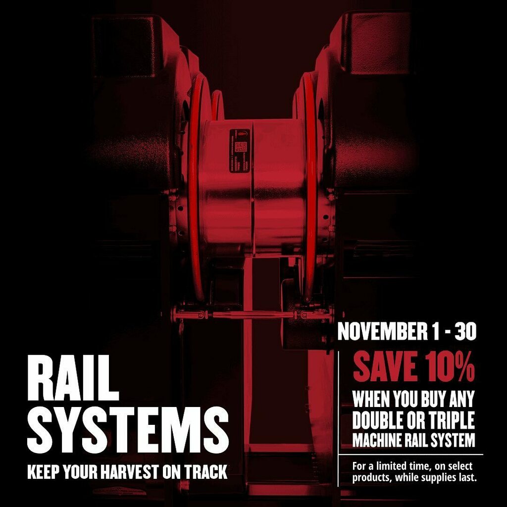 CenturionProSol's tweet photo. Keep your harvest on track and save 10% on your double, or triple machine rail system during the Red+Black Friday Event.

Link in our bio! ↖️ https://t.co/n83PAcUEOL