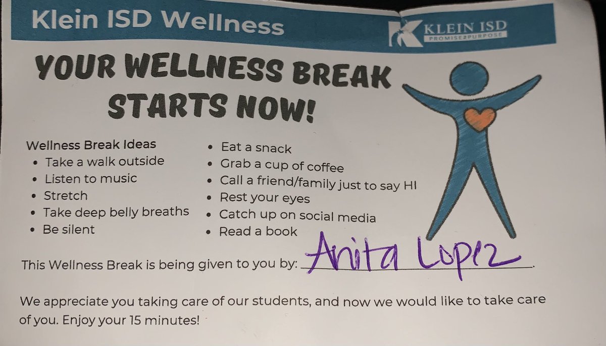 larrys_class's tweet photo. Stayin’ Alive, Stayin’ Alive! I really enjoyed my wellness break today. Did some deep breathing and relaxation stretches then I sat and did nothing but breathe!!! So grateful Klein ISD wellness. Thank you Anita! https://t.co/pCWYH2wezC