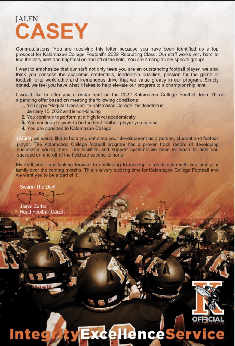 After a great conversation with <a href="/CoachZorboKZOO/">Jamie Zorbo</a> I am honored to have received an official roster spot from <a href="/KzooFootball/">Kalamazoo College Football</a>
