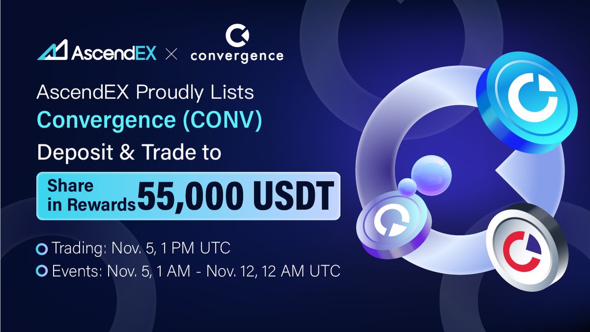 AscendEX_'s tweet photo. AscendEX is thrilled to announce the listing of @ConvergenceFin under the trading pair $CONV / $USDT.

Join limited time promotional events for a chance to share 55,000 USDT worth of $CONV pooled rewards!

Details 👉  https://t.co/BsmnZu7Chx https://t.co/pzIi3kxKPP