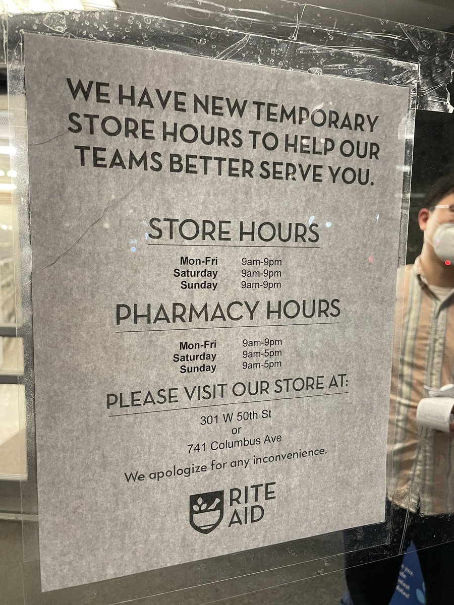SternScott's tweet photo. @riteaid I showed up at 210 Amsterdam ave at 8:53 to pick up a needed prescription. Even though the sign said they were open until 9pm. The door was locked an employee named Marie said I was too late.lll to pick up the prescription #riteaidfail https://t.co/ay8gA0gBbE