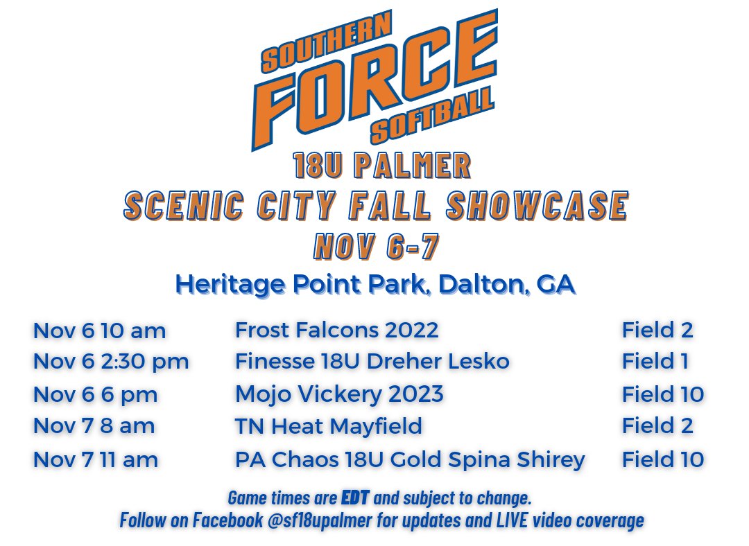 Scenic City Showcase this weekend. Let's go Force! <a href="/SF18UPalmer/">SouthernForce18U_Palmer</a> <a href="/SMYRNASOFTBALL/">SHSSOFTBALL</a>