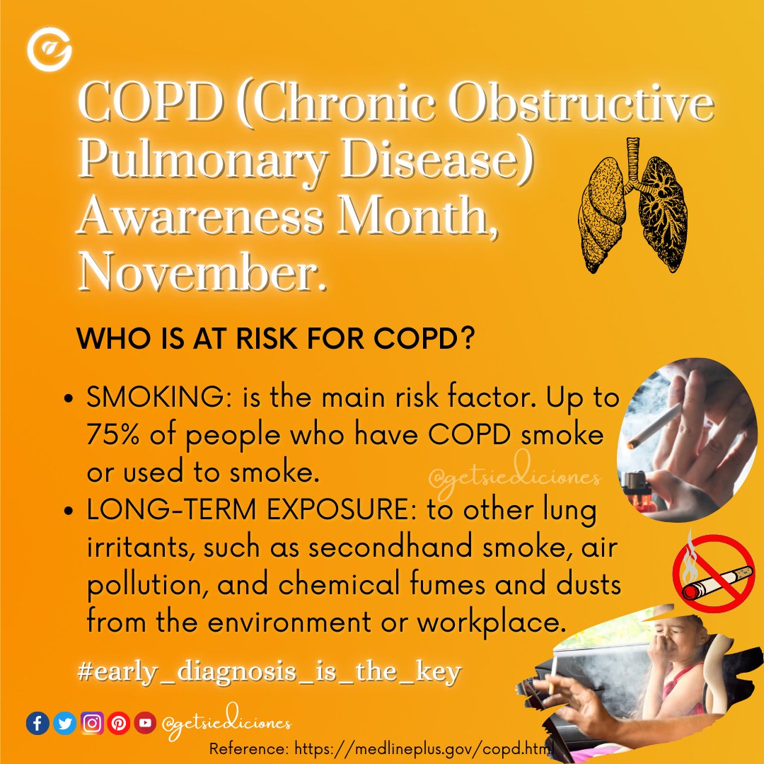 getsiediciones's tweet photo. COPD (Chronic Obstructive Pulmonary Disease) Awareness Month🧡 November
*early diagnosis &amp; treatment can improve quality of life #copdawarenessmonth #copd #chronicobstructivepulmonarydisease #pulmonarydisease 
#novembermonth #getsiediciones https://t.co/hXJlc3RMl6