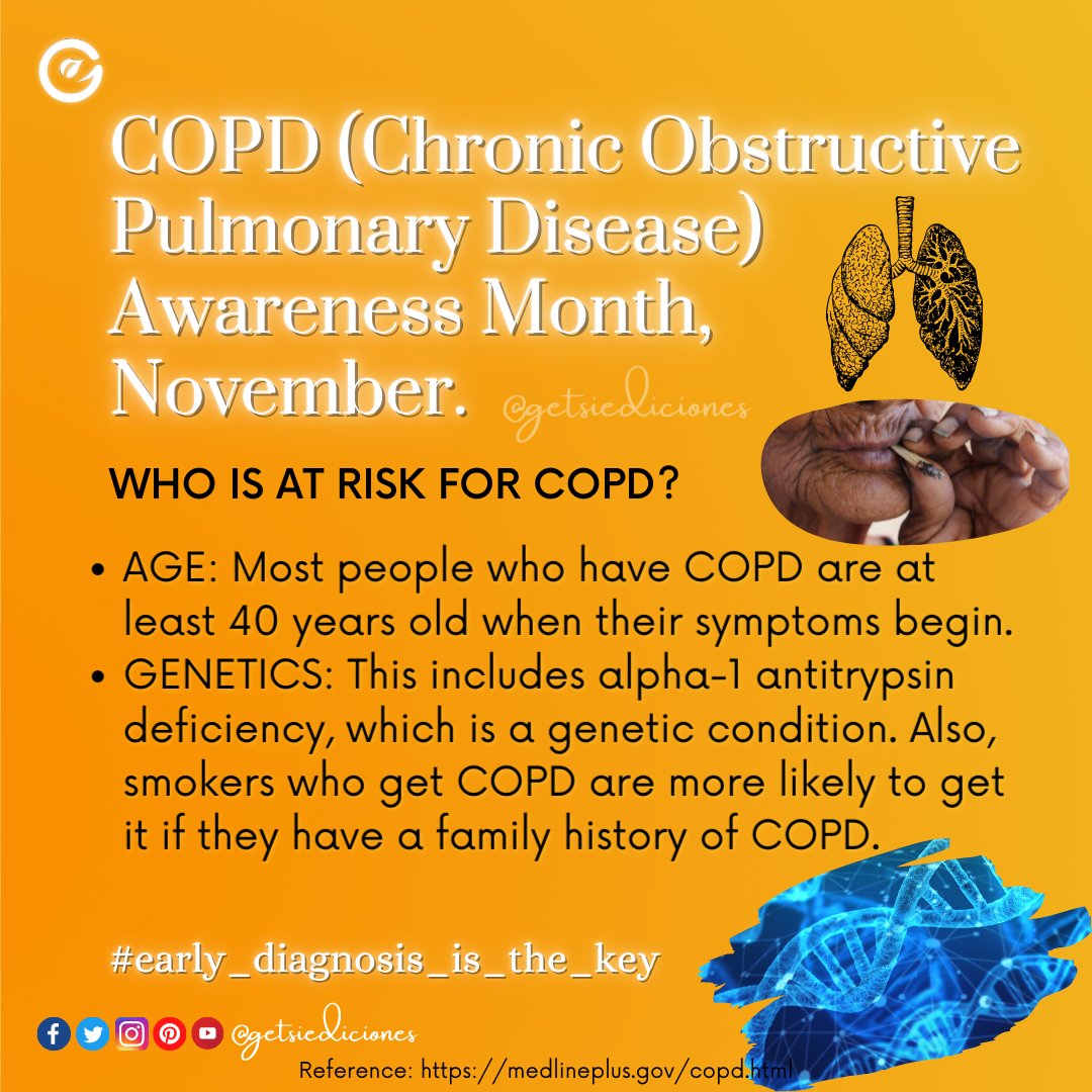 getsiediciones's tweet photo. COPD (Chronic Obstructive Pulmonary Disease) Awareness Month🧡 November
*early diagnosis &amp; treatment can improve quality of life #copdawarenessmonth #copd #chronicobstructivepulmonarydisease #pulmonarydisease 
#novembermonth #getsiediciones https://t.co/hXJlc3RMl6