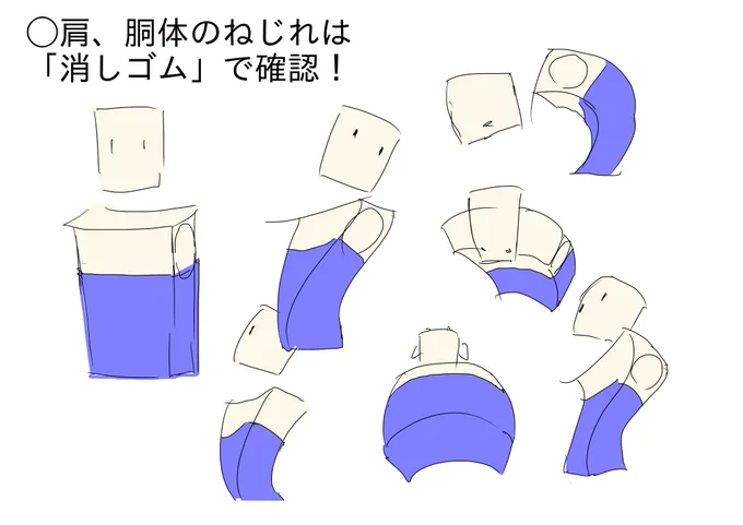 苦手な部分は単純化と分割して個別に理解する。
特に胴体や肩腰は難所なので腕なしで理解しよう。 