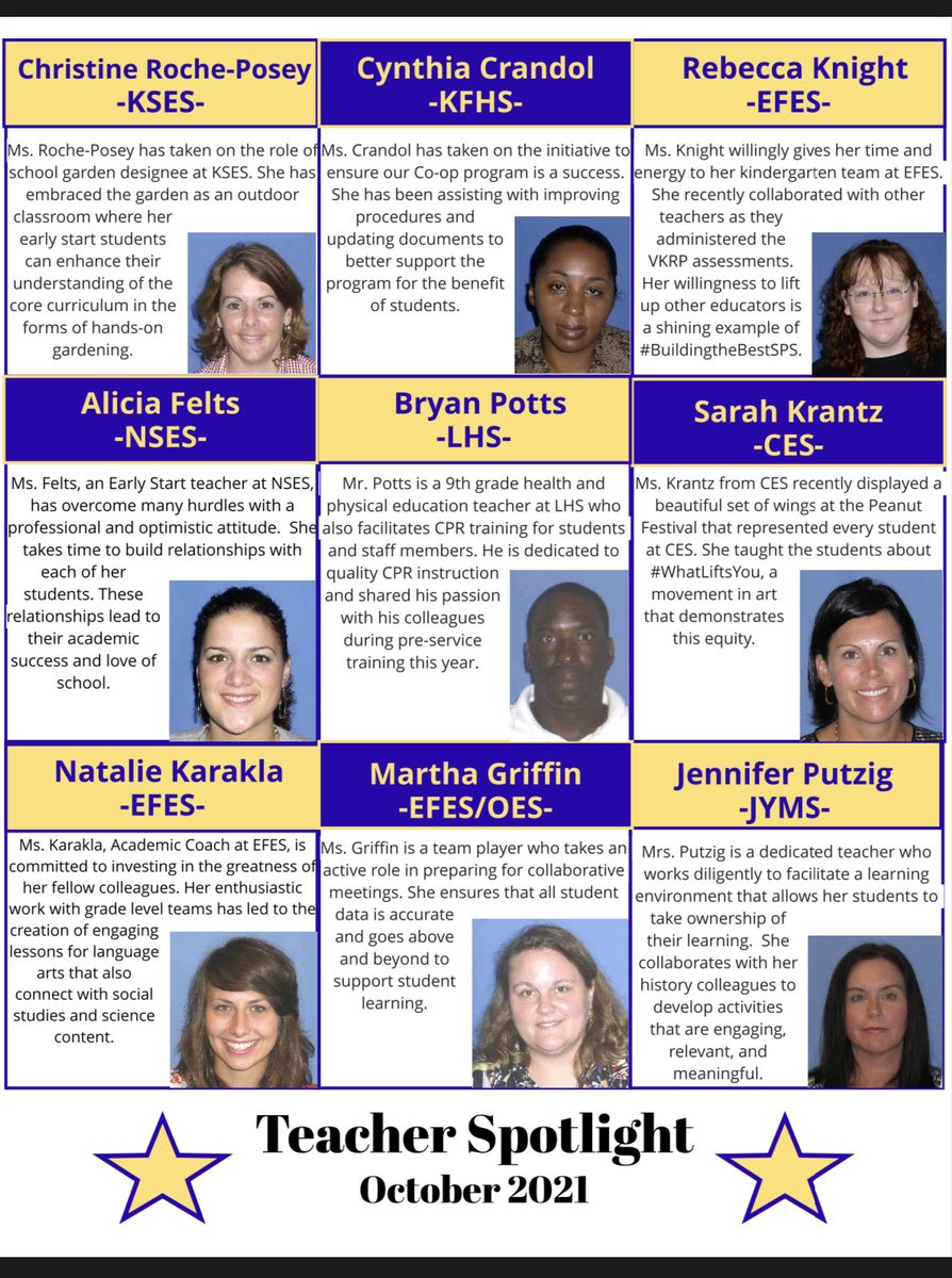 TeamSuffolkHR's tweet photo. We take pride in shining the light on our teachers. Kudos to the teachers recognized the month of October! #jointeamsuffolk #BuildingtheBestSPS https://t.co/sCjsoeiB6G