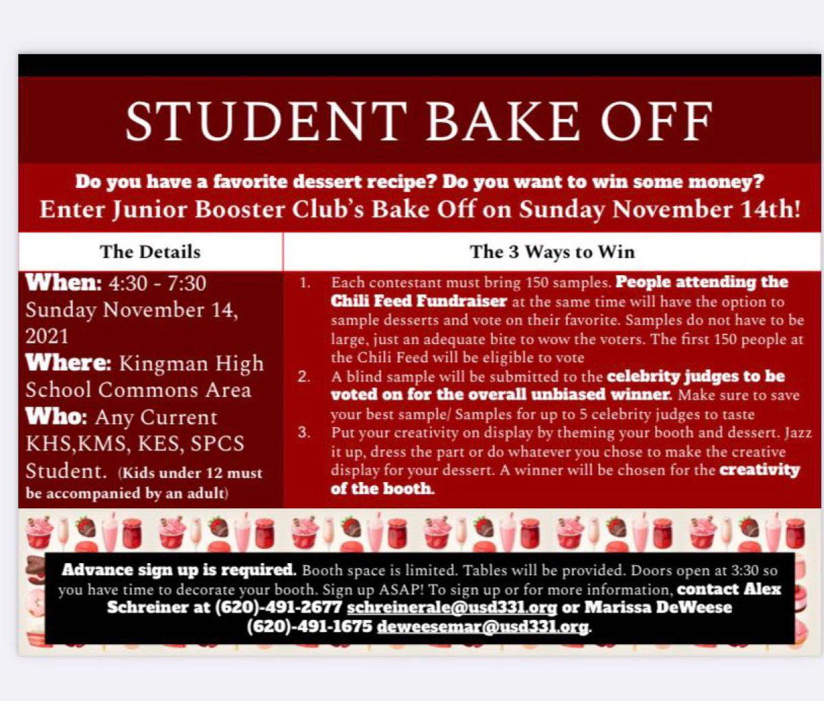 Show off your baking skills and support fellow student Aaron Siemens family with a hot bowl of chili!!!