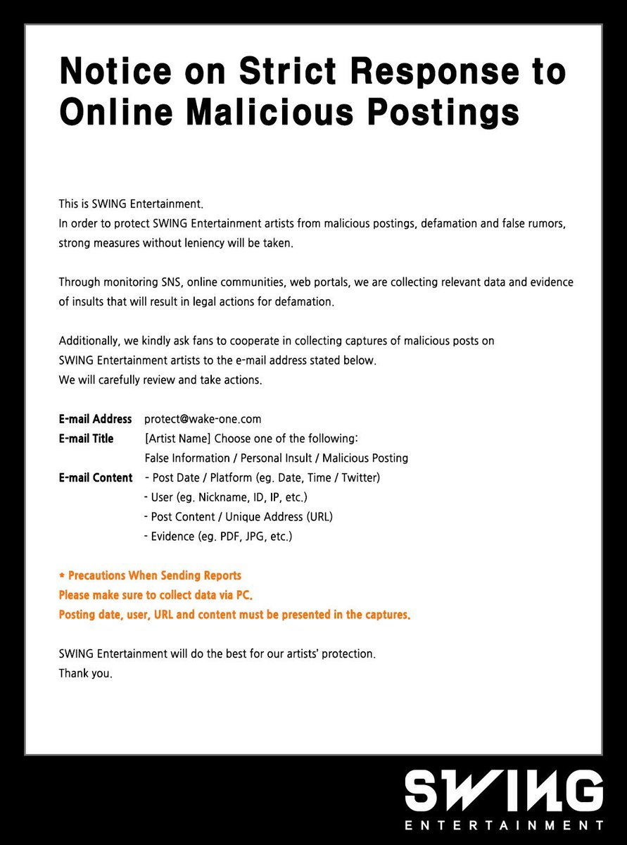 เอาละสวิง ออกมาบอกเเล้วนะว่าจะดำเนินการทางกฎหมายกับคอมเม้น โพสต์อันตราย หมิ่นประมาณหรือข่าวลือเท็จ บนอินเทอร์เน็ต เพื่อปกป้องศิลปินในค่าย อย่างเข้มงวดโดยไม่มีผ่อนปรน ตอนนี้กำลังรวบรวมข้อมูลหลักฐานเกี่ยวกับการดูหมิ่นศิลปินอยู่เเละจะดำเนินการทางกฎหมายสำหรับการหมิ่นประมาณ • #Kep1er