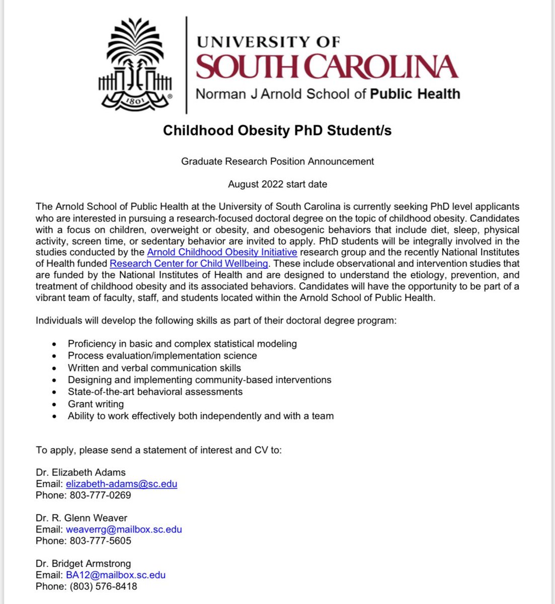 We are looking for students interested in pursuing a PhD in childhood obesity research starting Fall 2022! ⬇️⬇️ Please RT &amp; share with your networks  <a href="/AcsmStudents/">ACSMStudents</a> <a href="/seacsm/">SEACSM</a> <a href="/NEACSM/">New England ACSM</a> <a href="/TexasACSM/">Texas ACSM</a> <a href="/MARCACSM/">MARC-ACSM</a> <a href="/ACSMcareers/">ACSM Career Center</a> <a href="/NorthlandACSM/">Northland ACSM</a> <a href="/ACSM_Midwest/">Midwest ACSM</a> <a href="/ACSM_Northwest/">ACSM_Northwest</a> @ACSMPedSIG