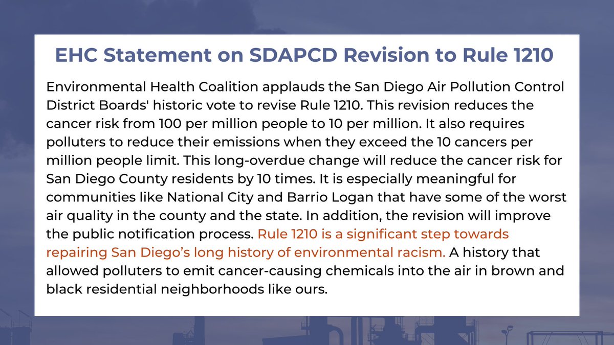 BREAKING: In a historic vote, the <a href="/sdapcd/">San Diego County Air Pollution Control District</a> Board voted to revise Rule 1210! This is a major #cleanair win for #EnvironmentalJustice communities throughout #SanDiego.