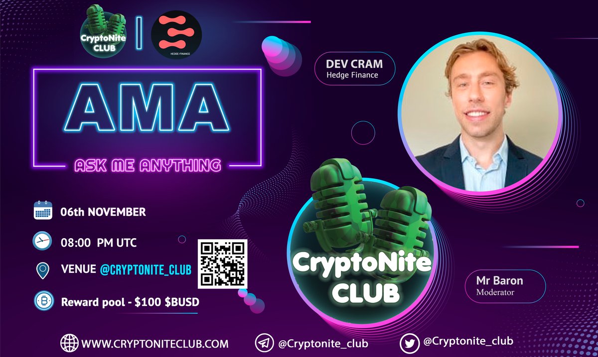 Next AMA!
<a href="/Cryptonite_club/">CryptoNite Club</a> ×<a href="/Hedge_Finance/">Devs Are From USA</a>

⏰Time: 8:00 PM (UTC) - 6th NOV

#rewards: $100
📍Venue: t.me/Cryptonite_club

✅ Rules
▫️Like &amp; Retweet &amp; Comment Question
▪️Follow <a href="/Cryptonite_club/">CryptoNite Club</a> × <a href="/Hedge_Finance/">Devs Are From USA</a>
▫️Like &amp; RT, tag 3 friends,ask questions bellow: 
#Cryptonite #AMA