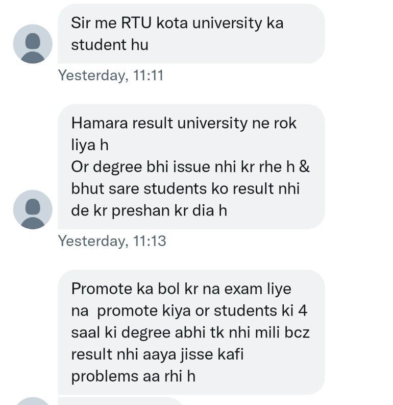 DevprakasMeena's tweet photo. RTU कोटा के बहुत से छात्र-छात्राएं मुझे मैसेज कर रहे हैं, कह रहे हैं कि उनके साथ अन्याय हो रहा है. लॉकडाउन में प्रोमोट किया लेकिन उसमें अनेक लोगों को प्रोमोट नहीं किया और रिजल्ट रुका हुआ है।
@ashokgehlot51 @RajCMO @SachinPilot @GovindDotasra @ajaymaken https://t.co/idC4Tj3mB3