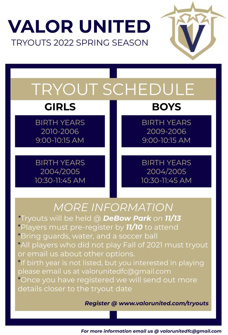 We are about a week away from the Spring 22 Season Tryout deadline. We see a lot of new names registered! Here is the link to register if you haven’t already done so! valorunited.com/tryouts