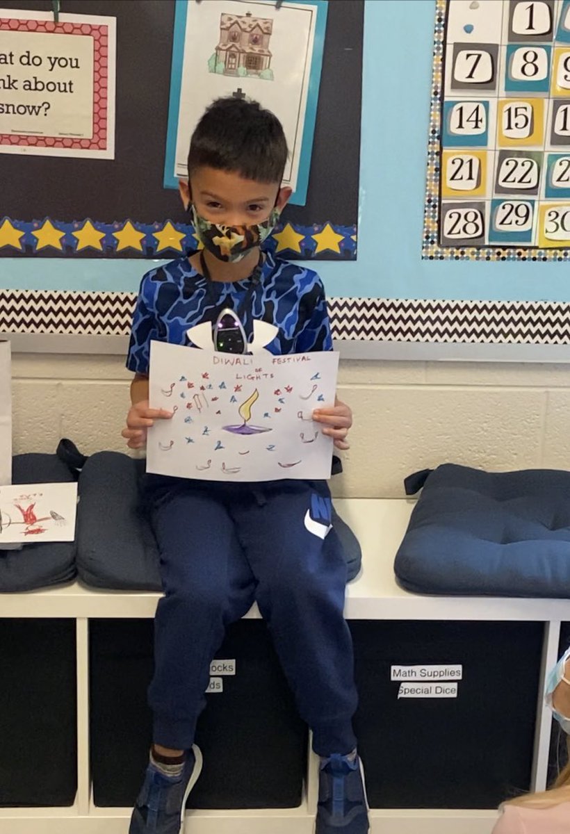 HSchanski's tweet photo. When your student shares about himself/herself it brings such a connection and excitement to the classroom. I sure love teaching first grade. Happy Diwali! ❤️💙💚 https://t.co/c1kbvaVm1L