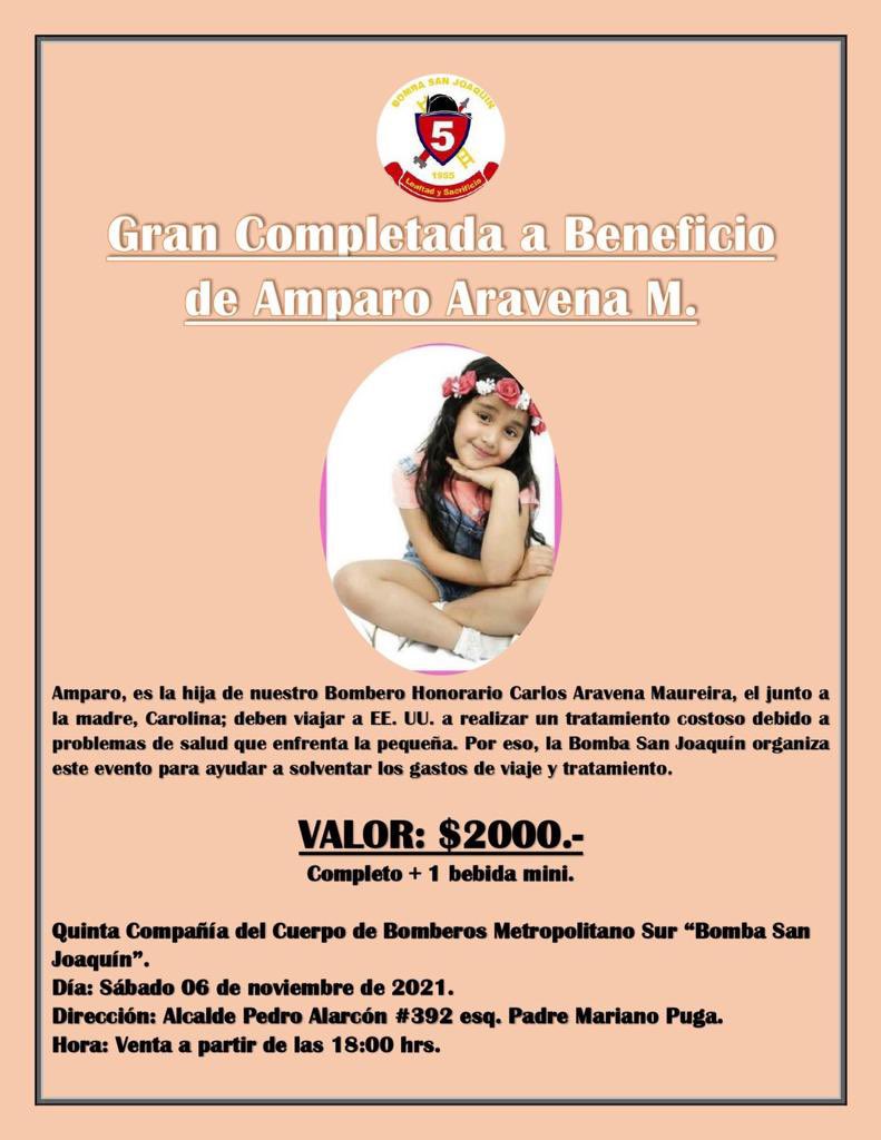 [“COMPLETADA” SOLIDARIA] Apoyemos a la familia de Carlos Aravena, de la <a href="/BombaSanJoaquin/">Bomba San Joaquín</a> , ya que nos necesita para el tratamiento de Amparito. Desde 18:00 hrs de sábado 6 de noviembre, te esperamos en el cuartel de la 5a Compañía (Alc. Pedro Alarcón 392, sector <a href="/munisanjoaquin/">Ilustre Municipalidad de San Joaquín</a> .