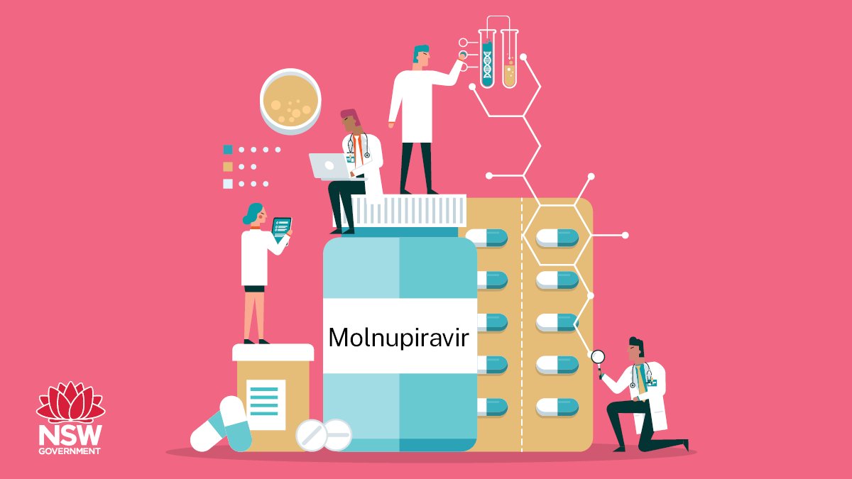 NSWHealth's tweet photo. Designed for first-line treatment in adults with mild to moderate COVID-19, molunpiravir stops people from developing serious symptoms and reduces the risk of hospitalisation or death by around 50%.

More: https://t.co/v2a1jsAWvZ https://t.co/SaWxfqPuSu