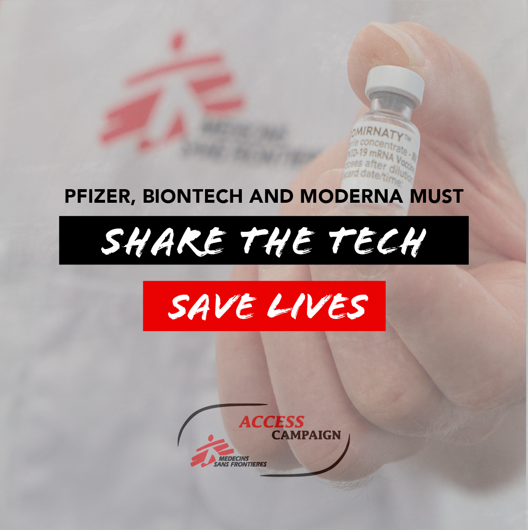 MSF_access's tweet photo. 💬 “If @moderna_tx were to share its tech with the @WHO mRNA Hub, the company could help increase the global production of COVID-19 vaccines now.” 

We’re calling on pharma corporations to #ShareTheTech to save lives. ⬇️  

#VaccineEquity https://t.co/g820RzkdFW