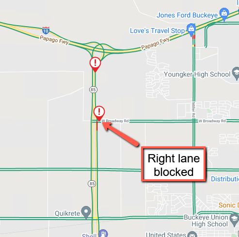 ArizonaDOT's tweet photo. State Route 85 northbound at Broadway (milepost 153): A crash is blocking the right lane.
#phxtraffic #SR85
Check your route before you head out with the ADOT Alerts and AZ511 apps: https://t.co/MxTvyyEdpM https://t.co/kIzBMYh1nd