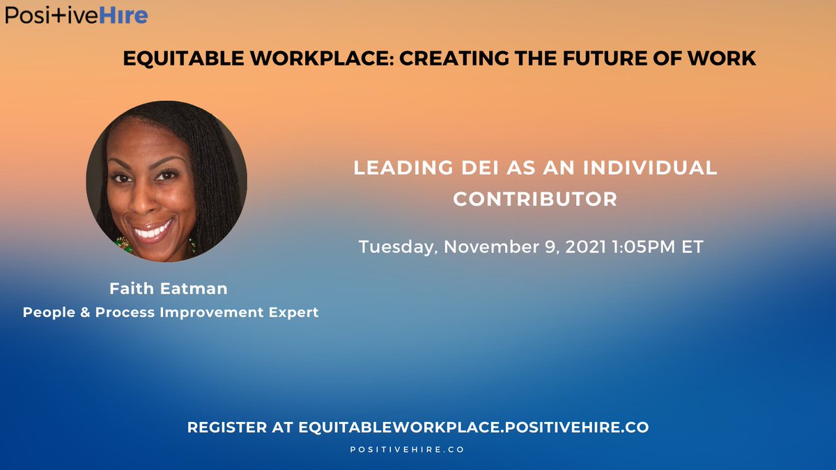 PositiveHireCo's tweet image. Faith Eaton used #DEIData to make organizational changes. She didn’t have a high ranking leadership role to make this change happen.
Find out how she did it at Equitable Workplace summit Nov 9 11a - 3p ET
Register buff.ly/3vWUVNF