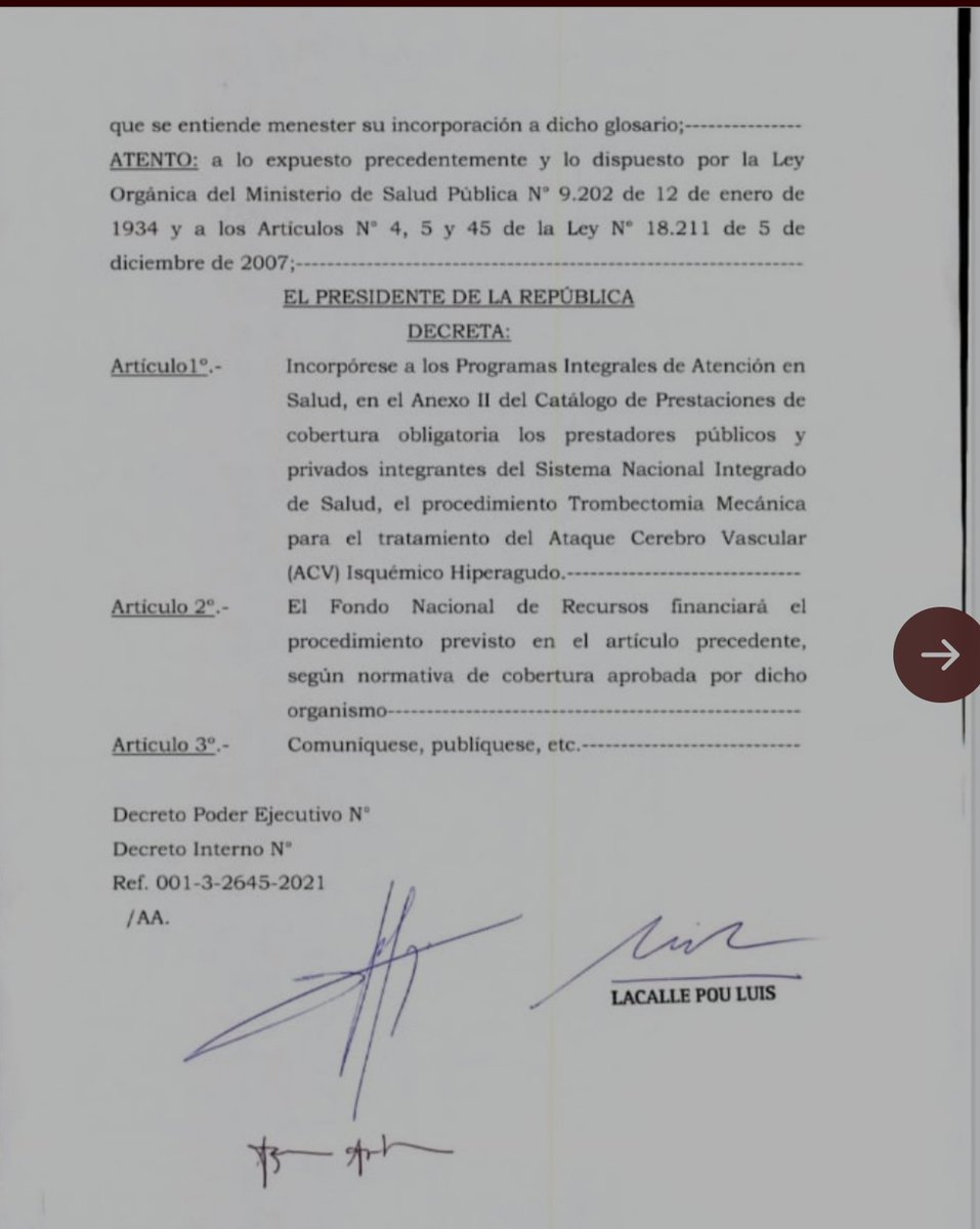 Se anunció, se planificó, se incorporó al PIAS tal como reiteramos hace una semana. 
La trombectomía mecánica para el tratamiento del ACV es hoy realidad. Falta culminar en días la calificación de Centros especializados.  Gracias: <a href="/AmorinDr/">Dr Ignacio Amorín Costábile</a> <a href="/GustavoGaye/">Gustavo Gaye</a>
