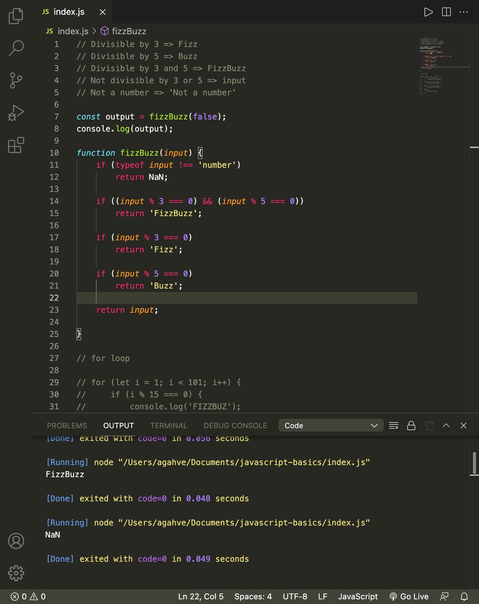 techahve's tweet image. Day 54 of #100DaysOfCode 

I worked on the FizzBuzz problem in #javascript. I&apos;m in the beginning stages of problem solving. Any recommendations on how to think like a programmer?