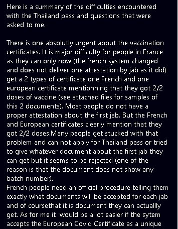 Thailandee_com's tweet photo. @SangratTanee I just send you a DM. Many people in France can't get a certificate for the 1st jab for #ThailandPass application. They get stucked and can't apply or applied but got rejected. This problem has to be addressed quickly. Some are supposed to come in #Thailand in days. https://t.co/THiarvrn1X