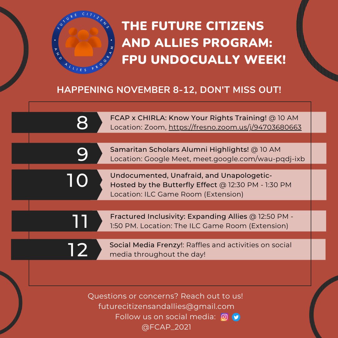 FCAP_2021's tweet photo. Hello FCAP followers! We're excited to launch today the line-up for our UndocuAlly week events! Stay tuned for more information on each session, and don't miss out on some of these great opportunities! Help spread the word and we hope to see you there! 
#UndocuAlly #FCAP https://t.co/fRugMW4FMh