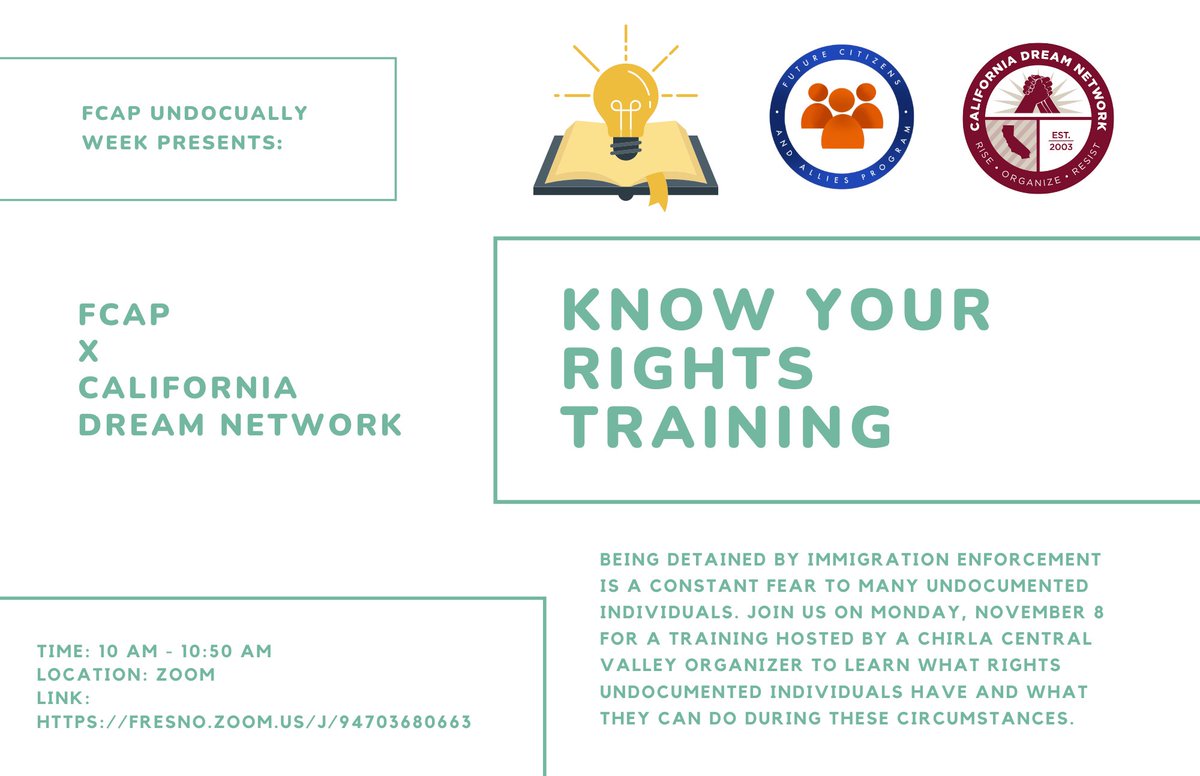 FCAP_2021's tweet photo. Make sure to attend this Know Your Rights Training hosted by a California Dream Network CHIRLA Central Valley Organizer!
Attending this session will count for college hour credit so don't miss it 😁
#KnowYourRights #UndocuAlly #FCAP https://t.co/i74ce3b6fl