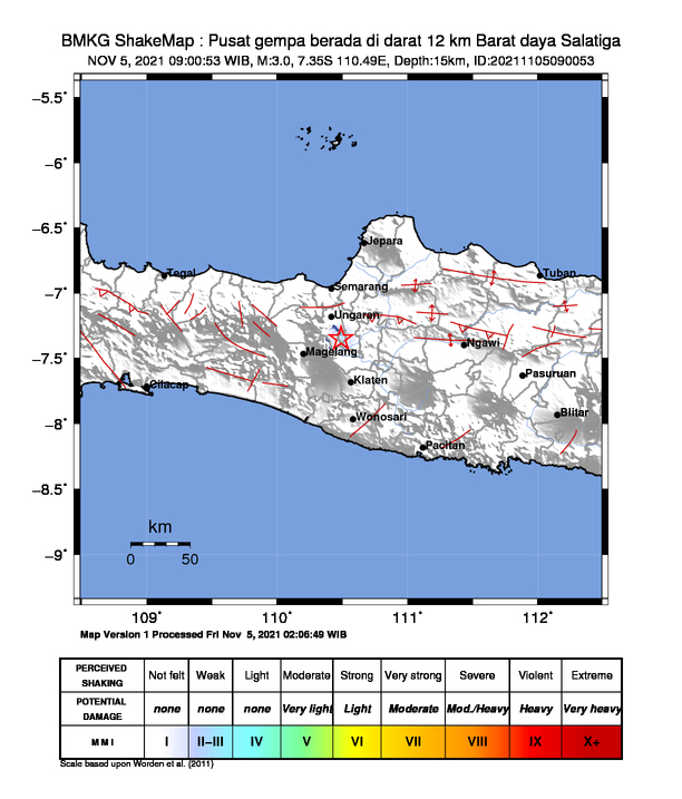 #Gempa Mag:3.0, 05-Nov-21 09:00:53 WIB, Lok:7.35 LS, 110.49 BT (Pusat gempa berada di darat 12 km Barat daya Salatiga), Kedlmn:15 Km Dirasakan (MMI) II Ambarawa #BMKG