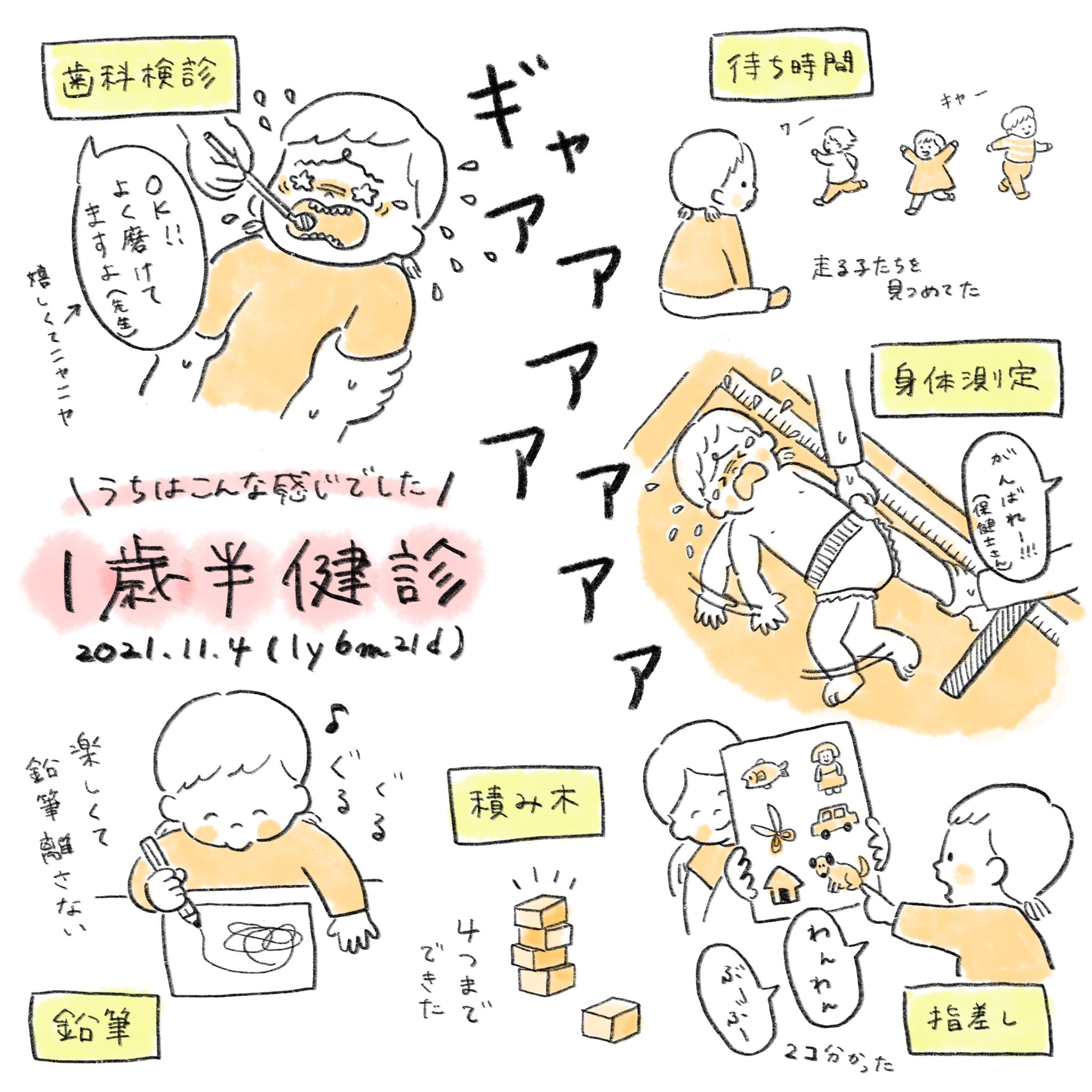 豆 2y 昨日の1歳半健診の様子です 書き忘れましたがパズルもありました のやつ 同い年の子たちがたくさん集まったのは初めてだったので 興味津々で楽しそうに見てました 1歳半健診 育児イラスト T Co 0jycgmw9li Twitter