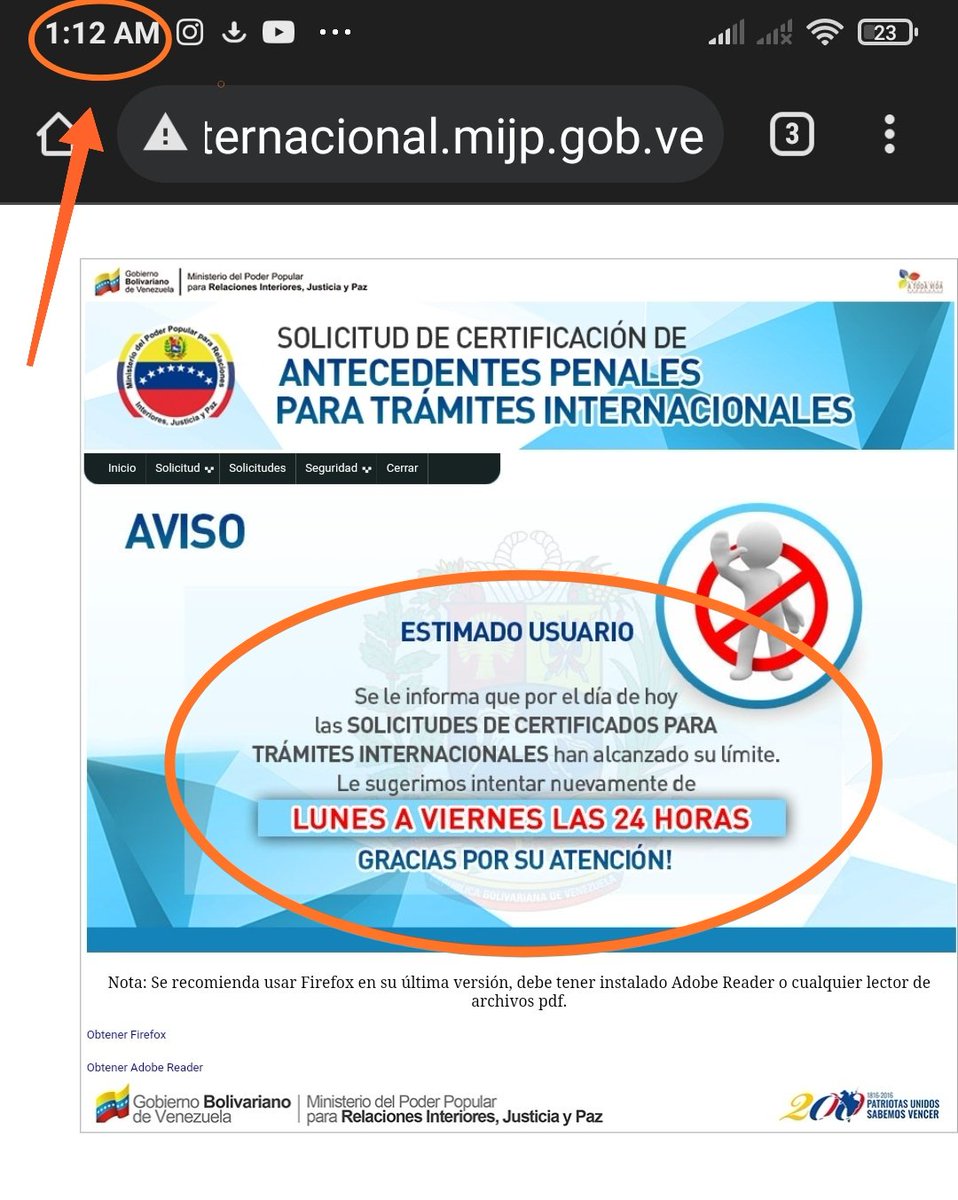 K05Carlos's tweet photo. Llevo toda la semana tratando de solicitar por varios terminales de cédulas,(hijos,padres) y es imposible,aparece esto a partir de las 12 pm será que hay otra forma de hacerlo que no sea la normal???..@mccoam @MIJP_Vzla #AntecedentesPenales o la que explica la misma plataforma?? https://t.co/wlNHxXZX1C