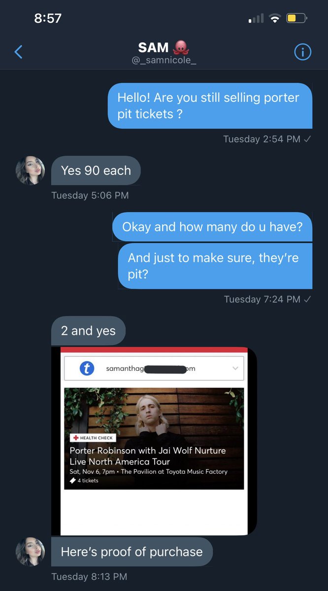 k4tlynl3's tweet photo. Don’t buy tickets from 😹 @_samnicole_  she sold my friend GA tickets telling us they were PIT @texasedmfamily https://t.co/K9ngHJSJFH