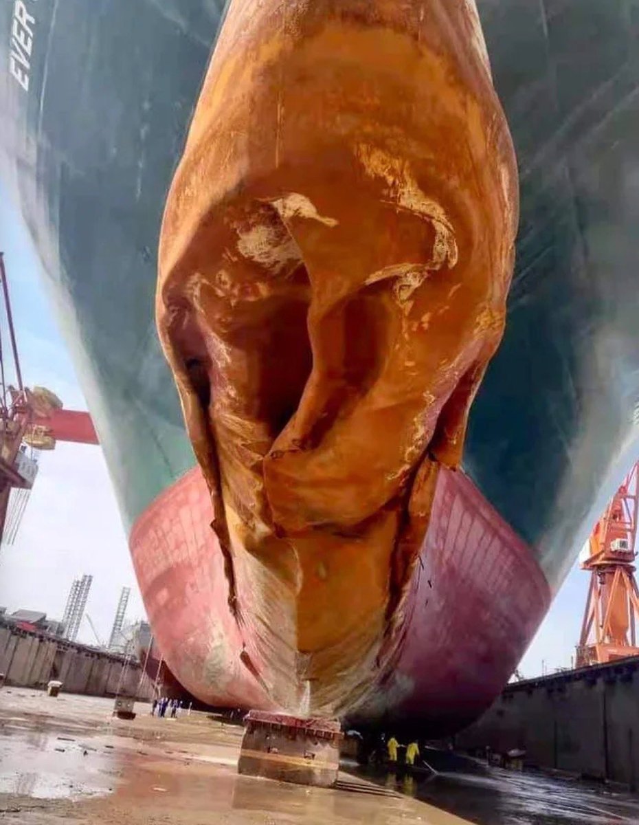 This is the bow of the Ever Given. Notice the tiny ant people for perspective.