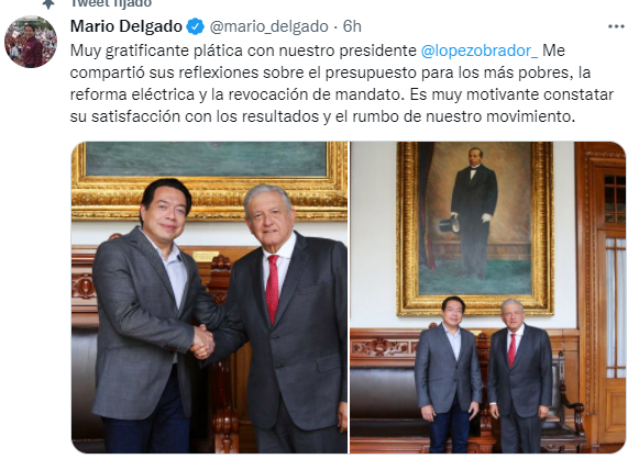 AcleTomasini's tweet photo. Qué curiosa coincidencia, a @mario_delgado y a @JohnMAckerman se les ocurrió la misma redacción para avisarnos que estuvieron con AMLO.  Siendo mal pensado, parece como si la misma persona se las hubiere dictado. Pero no creo https://t.co/jvYIpZtE0y